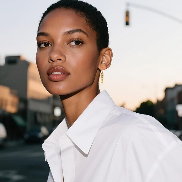 14K Gold Plated French Lightweight Square Bar Long Drop Leverback Earrings - Picture 4 of 8